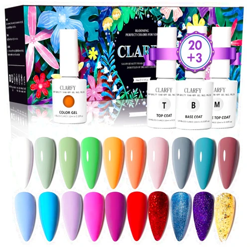 CLARFY 10ML Gel Nail Polish Kit, CLARFY 20+3 Summer Soak Off Nail Polish with Base Coat, Matte and Glossy Top Coat, Pink Blue White Gel Set for Nail Art, Salon, DIY Manicure, Gifts for Girl N2