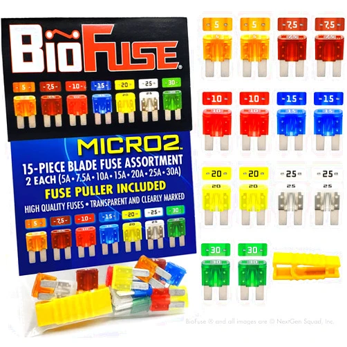 BIOFUSE Micro2 APT ATR 15 Piece Automotive Car Fuse Assortment Pack (Set of 14 Micro 2 Blade Fuses + Fuse Puller) 5A 7.5A 10A 15A 20A 25A 30A