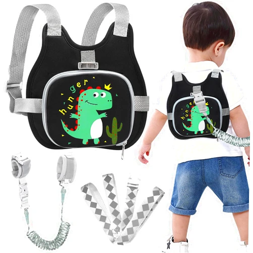 Accmor Toddler Harness Leash+ Anti Lost Wrist Link, Cute Dinosaur Kids Harness with Leash, Collapsible Child Leash Baby Walking Wristband Assistant Strap Belt for Boys