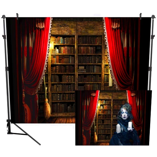 DULUDA 9X6FT Halloween Themed Photography Backdrop Curtain Floor Bookshelf Magical Broom Background Photo Studio Booth Photographer Props HW43B