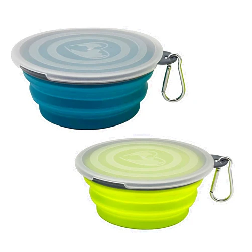 Ylaptew Small Collapsible Dog Bowl 12oz,2 Pack Portable and Foldable Pet Travel Bowls Collapsable Dog Water Feeding Bowls Dish with 2 Carabiners & Lids for Dogs Cats and Small Animals (Blue+Green+Grey, 350ml)