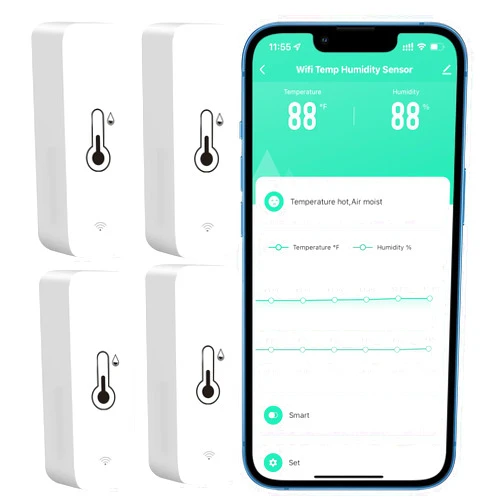 PHOVOLT Tuya Smart Wireless Battery Powered Humidity and Temperature Sensor, Free Data Storage Export, Long-Lasting for Home/Basement/Baby Room, Alexa Compatible, Real-Time Alerts via App (4 Pack)