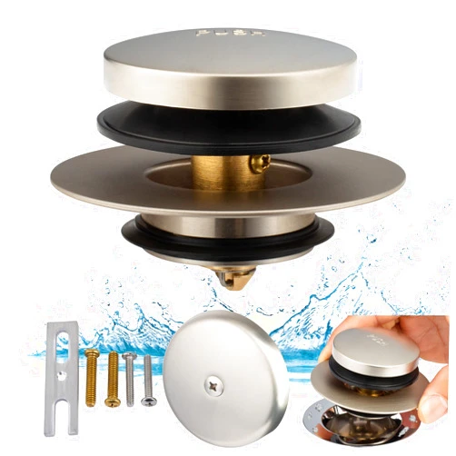 Artiwell Brushed Nickel Universal Tub Drain Tip Toe Tub Conversion Kit Assembly, Artiwell EZ Installation Bathtub Drain Replacement Trim Kit with 1-Hole Overflow Face Plate and Pop-Up Tub Stopper