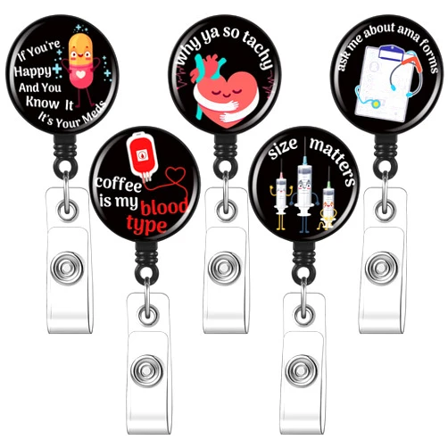 Epakh 5 Pcs Funny Badge Reels Retractable Medical Badge Holder Nursing Name Badge Reel Cute Nurse ID Tag Clips Syringe Stethoscope Pattern Badge Clip for Nurse Doctor Student, 5 Styles (Black)