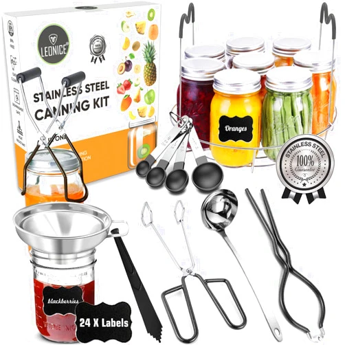 LEONICE Canning Supplies Starter Kit, Stainless Steel Canning Set Tools: Rack, Ladle, Measuring Spoons, Funnel, Tongs, Jar Lifter, Lid Lifter & Accessories for Canner/Pot, Beginner, Home Canning Kit - Black