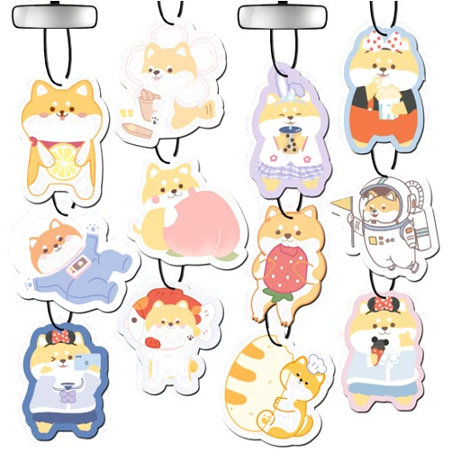 PLUSYES 12Pcs Space-Dog Car Air Freshener Kawaii Incense Chips Scented Ornament, 6 Scents Cute Car Interior Accessories Rearview Mirror Hanging Pendant, Automotive Room Decor for Women Teen Girls Gift