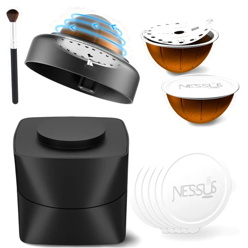 NESSUS Reusable Vertuo Pods Refill Kit, Lid Easy Remover for Vertuo Seal, 100PCS Aluminum Foil Lids for Nespresso Vertuo Pods, Tamp & Press Refillable Vertuo Capsules Holder and Brush