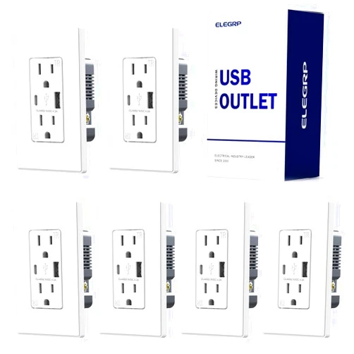 ELEGRP USB Outlets, 15 Amp Wall Outlet with USB Ports, 21W USB Outlets Receptacles with Type A & Type C Ports, Tamper Resistant Receptacle, Wall Plate Included, Ul Listed (6 Pack, Matte White)