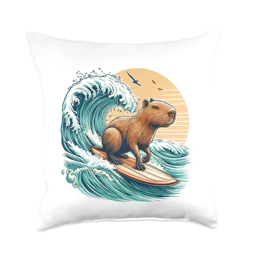 Funny Wave Capybara Surfing Rodent Respect Gifts Funny Wave Capybara Surfing Rodent Respect Animal Meme Throw Pillow, 18x18, Multicolor