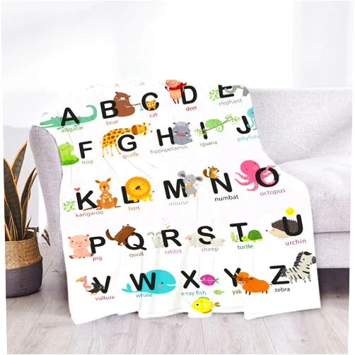 321DESIGN Animal Alphabet Fleece Flannel Throw Blanket Travel Quilt Warm Decorative Lightweight Plush for Couch Bed Sofa Car Living Room 50