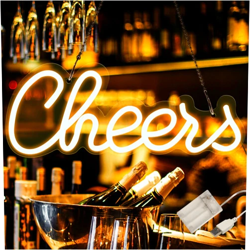 ATOLS Cheers Neon Sign for Home Bar, Battery or USB Powered Cheers Led Sign for Wall Decor, Neon Bar Sign for Bachelorette Party, Bar Beer Party, Size-13x5Inch, Warm White