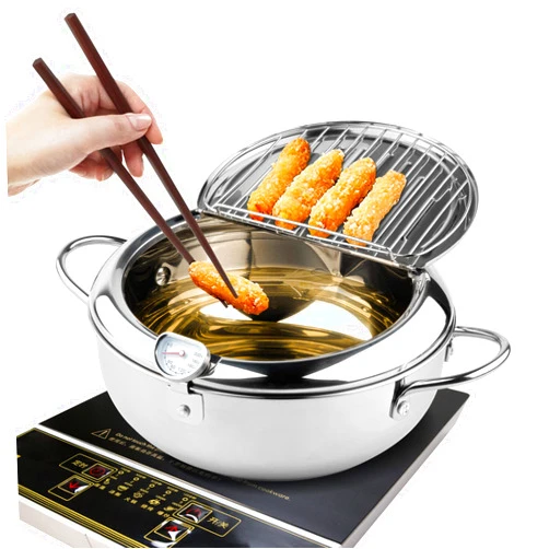 Kerilyn Deep Fryer Pot, 11 Inch/4.2 L Janpanese Style Tempura Frying Pot with Lid, 304 Stainless Steel with Temperature Control and Oil Drip Drainer Rack, for Kitchen French Fries, Chicken etc