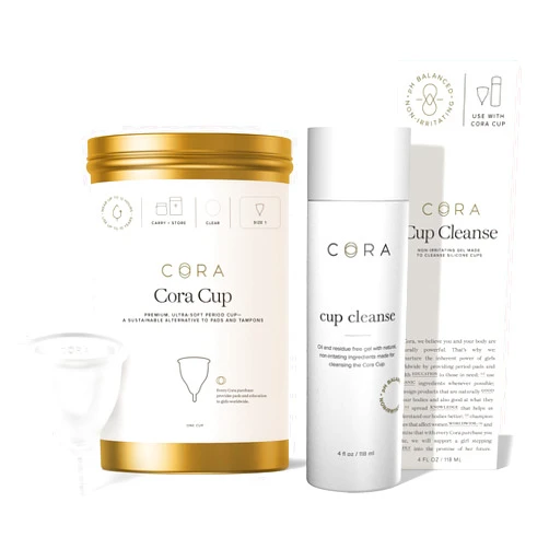 Cora Menstrual Cup & Cup Cleanse with Natural Stain-Fighting Ingredients | Reusable Period Cup Bundle (Cup Cleanse + Size 1 Menstrual Cup)