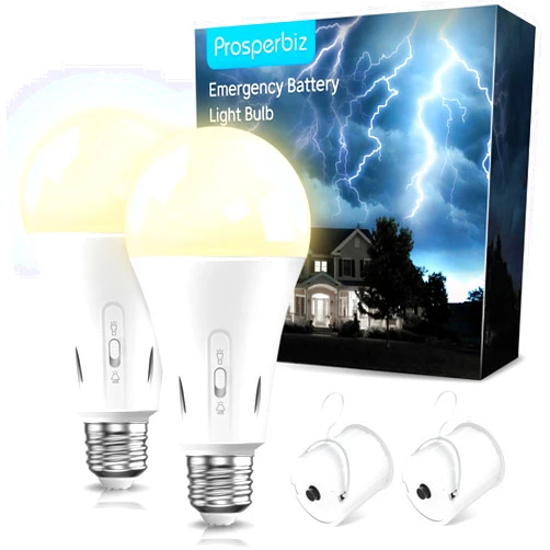 Prosperbiz Battery Operated Light Bulb, Emergency Rechargeable Flashlight Bulb for Power Outages, A21 9W E26 Standard Bulbs, 3000K Soft White, 2 Pack
