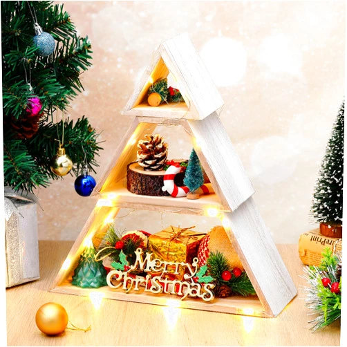 Cinnvoice Wooden Christmas Tree 3 Tiered Christmas Tree Display Shelf Tree Shaped Shelves About 14.17 x 11.81 x 4.33 Inches Detachable Wooden Box for Table Bedroom and Living Room