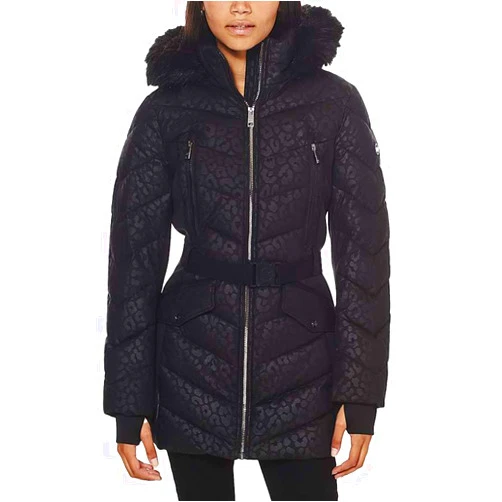 Michael Kors Michael Michael Kors Women's Logo Leopard Belted Hood Puffer Coat Black Animal (L)