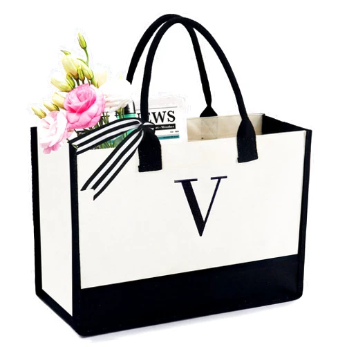 BeeGreen Monogrammed Tote Bag For Women 13oz Canvas Tote Bag Personalized Bag With Zipper Pocket Embroidery Personalized Bags For Teachers Birthday Gifts Grocery Bag For Bride Friend V