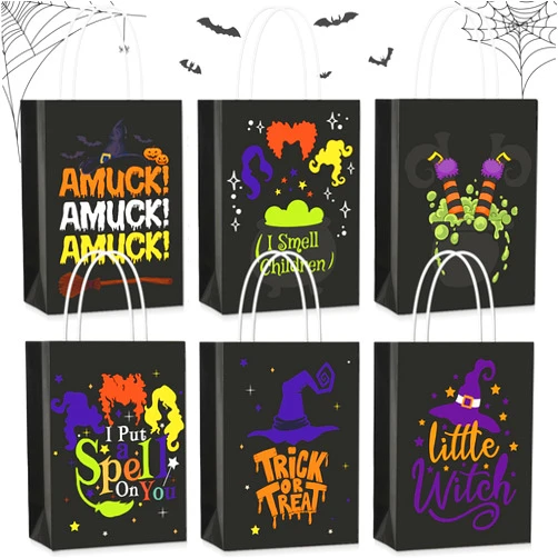 Augisteen 24 PCS Halloween Treat Bags Halloween Candy Goodie Paper Bags with Handles Trick or Treat Party Bags Halloween Witch Themed Gift Bags for Halloween Party Favor Holiday Decorations