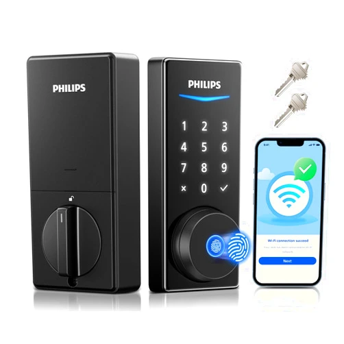 Philips Built-in WiFi Smart Lock, Keyless Entry Door Lock with App, Touchscreen, Fingerprint Door Lock — Compatible with Alexa & Google, Splash-Proof Design, Includes 8 Batteries, Black