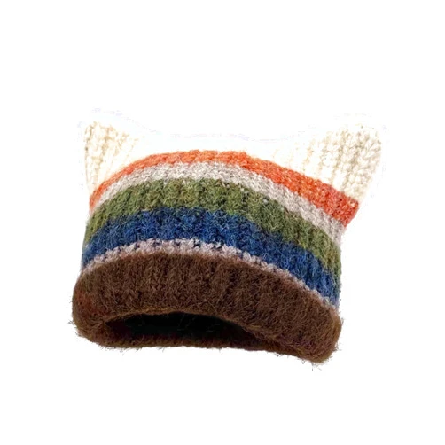 JENSVOIR Knit Beanie Hat for Women – Striped Cat Hat, Warm Soft Stretchy Knitted Cap for Winter Outdoor Daily Wear