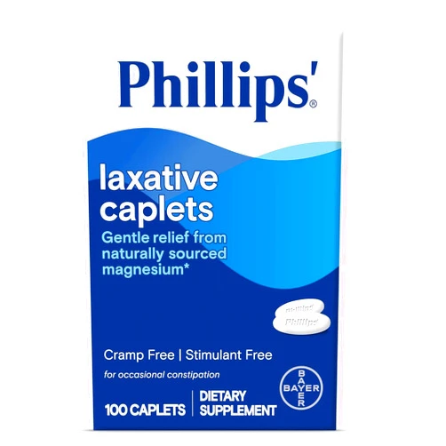 Phillips' Laxative Caplets, With Naturally Sourced Magnesium Supplement for Gentle Relief of Occasional Constipation, Cramp and Stimulant Free Laxatives, 100 Caplets