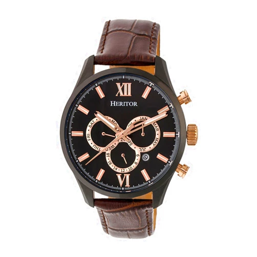 heritor automatic Benedict Leather-Band Watch w/Day/Date - Black/Dark Brown