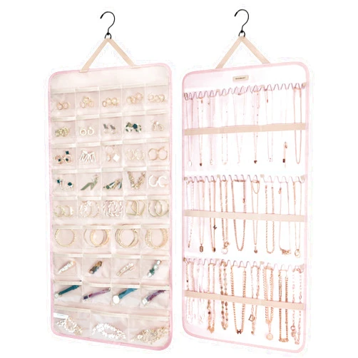 BAGSMART Hanging Jewelry Organizer Storage Roll with Hanger Metal Hooks Double-Sided Jewelry Holder for Earrings, Necklaces, Rings on Closet, Wall, Door, 1 piece, Extra Large, Pink