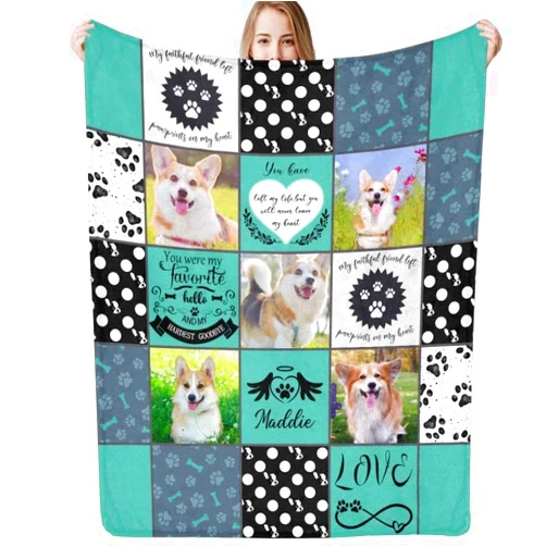 COLORSFORU Custom Blanket with Dog Picture Name Personalized Text Photo Collage Blanket Memorial Gift Loss Dog Sympathy Remembrance Gift for Kids Pet Lover a Grieving Pet Owner Dog Photo