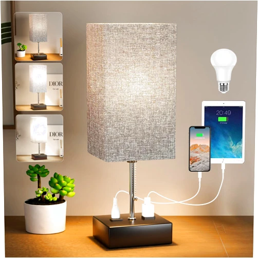 WIHTU 3 Color Temperature Bedside Lamp with USB C and USB A Ports Grey Table Lamps for Bedroom Nightstand Small Lamps Bed Lamp Desk Lamps by Pull Chain (Bulb Included)