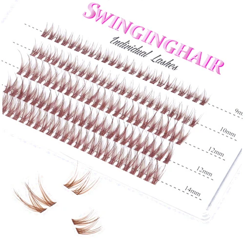 SWINGINGHAIR SWINGING Brown Lash Clusters 60 Pcs Lashes Cluster Eyelash Extensions Eyelash Clusters Natural Look Wispy Lashes D Curl 9-14mm Cluster Lashes Individual Lashes Thin Band & Soft (Lashes-B)