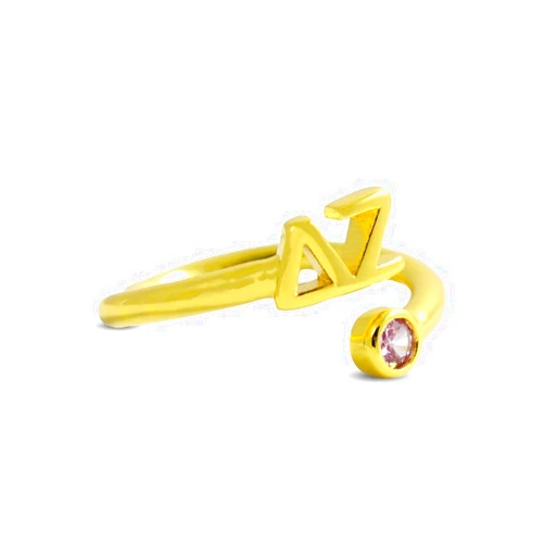 Sorority Shop Delta Zeta Ring- 18k Gold-Plated Wraparound Ring with Pink Gemstone and Delta Zeta Greek Letters, Sorority Jewelry Gift