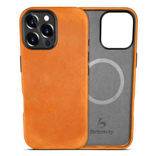 Belemay Compatible with iPhone 16 Pro Max Leather Case, Compatible with Magsafe, Premium Crazy Horse Leather [Vintage Aesthetic] Comfort Grip, Metal Buttons & Camera Bump Frame, (6.9