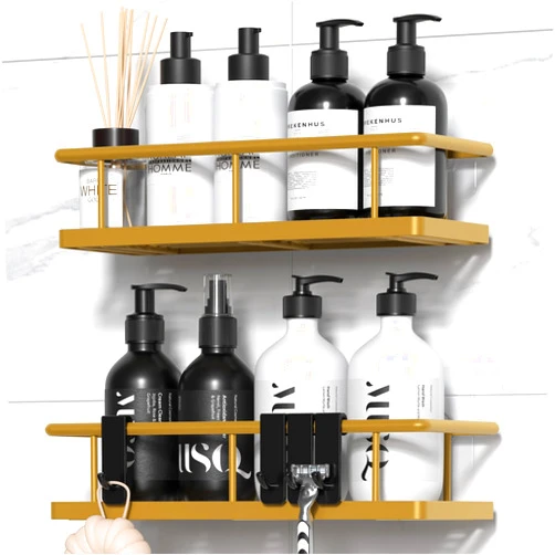 YASONIC Shower Caddy Adhesive, No Drill Bathroom Shower Organizers, with Removable Hooks, Rust Proof Shower Shelves, Wall-Mounted Shower Holder, Gold, 2 Pack