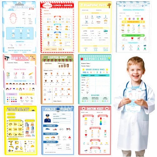 TICIAGA Kids Pretend Play Notepads - 10PCS 4 x 6 Inch Playtime Pad Included Restaurant Police Vet Doctor Visit Coffee Salon Notepad 30 Pages Pretend Notebook Imaginative Role for Toddler Kid Play Game