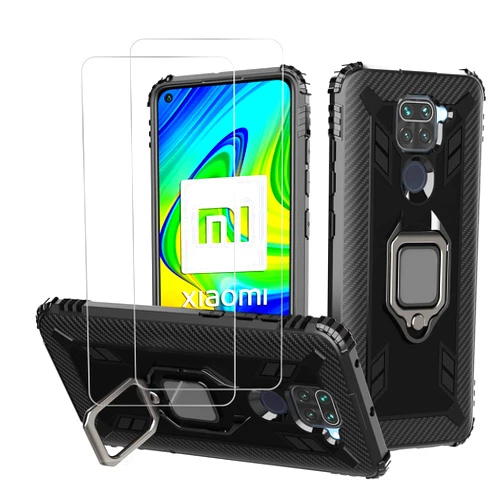 Avesfer for Xiaomi Redmi Note 9 Case with Screen Protector Tempered Glass Shock Absorbing Defender Protective Phone Cover Ring Holder Kickstand Scratch Resistant Carbon Fiber (Black)