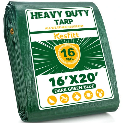 Kesfitt Tarp Heavy Duty Waterproof 16x20FT,16 Mil Thick Tarps Tear&Fade Resistant,UV Resistant,Poly Tarp Cover with Grommets and Reinforced Edges for Outdoor Camping Pools Boat Car(Green/Blue)