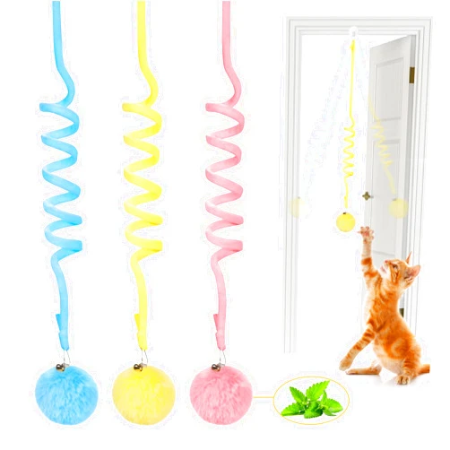 Potaroma Hanging Fluffy Cat Catnip Ball Toys 3 Pcs with Bell, Interactive Cat Teaser Retractable, Cat Toys Indoor Kitten Play Chase Exercise Physical Stimulation