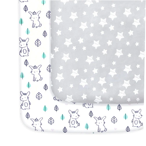 Moonsea Pack and Play Sheets, 2 Pack Mini Crib Sheets, Stretchy Playard Fitted Sheet, Compatible with Graco Pack n Play, Soft and Breathable Material, Stars & Bunny