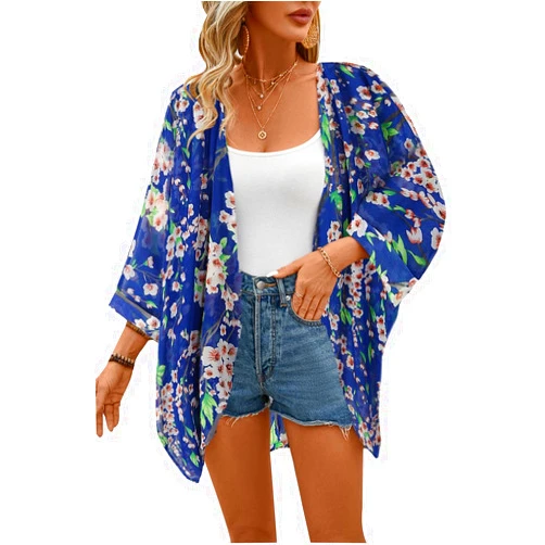 olrain Women's Floral Print Sheer Chiffon 3/4 Bat Sleeve Casual Loose Kimono Cardigan Capes