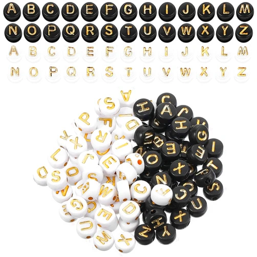 Hicarer 1000 Pieces Round Acrylic Alphabet Beads Letter Beads Flat Round Disc Coin Pony Beads 4 x 7 mm Beads for DIY Bracelet Necklace Jewelry Making Supplies (White/Black with Gold Letter)