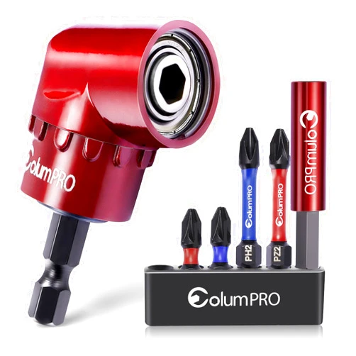 ColumPRO 105 Degree Right Angle Drill Screwdriver Bit Set, 1/4” Hex Shank Right Angle Drill Attachment with 4PCS PZ2 & PH2 Screwdriver bits and bit holder