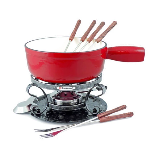 Swissmar KF-66517 Lugano 2-Quart Cast Iron Cheese Fondue Set, 9-Piece, Cherry Red