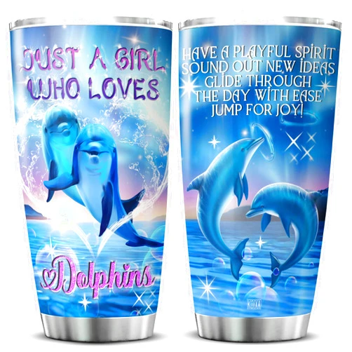 KOIXA Just A Girl Who Loves Dolphins Tumbler Cup With Lid 20 Oz Cute Dolphin Things For Girls Birthday Ocean Sea Animal Coffee Travel Mug Inspirational Quote Tumbler Insulated Cups