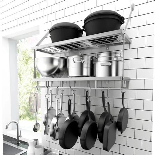 KES 30-Inch Silver Gray Pot Rack Wall Mounted, 2-Tier Hanging Pot and Pan Organizer with 12 Sturdy Hooks, Kitchen Wall Hanger Shelves Modern, KUR215S75B-SG