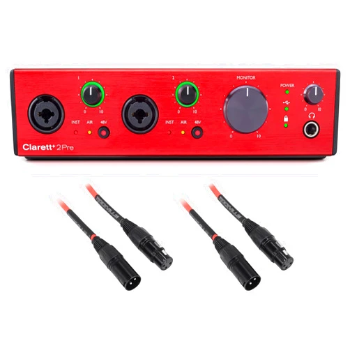 Audiosavings Bundle: (1) Focusrite Clarett+ 2Pre USB-C Audio Recording Interface Bundle with (2) Rockville RCXFM10P-R Red 10' Female to Male REAN XLR Mic/Speaker Cable (3 Items)