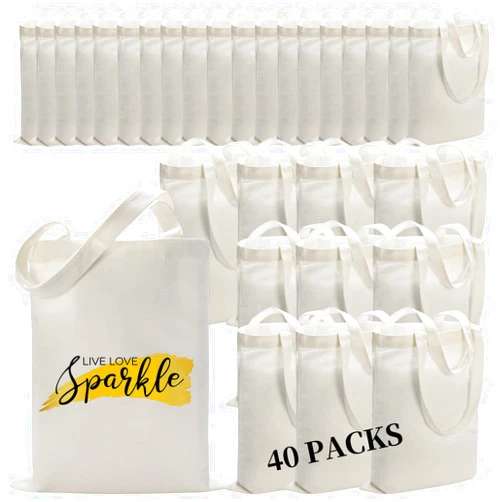 WHEATHUSK 40 Pieces Sublimation Canvas Tote Bags Bulk Blank Tote Bags Screen Printing Reusable Polyester Grocery Bags for Sublimation Heat Transfer Vinyl DIY Crafting White, 14x16 Inch