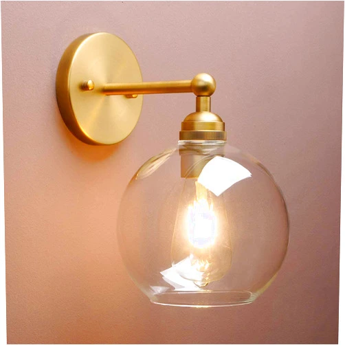 Yosoan Brass Boho Vanity Vintage Gold Bathroom Wall Sconce, Indoor Hardwired Wall Mounted Industrial Fixture Lights with Double Hole Round Glass Lamp for Mirror, Living Room, Hallway(Antique)