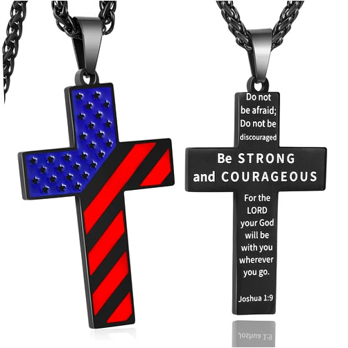 KLIFOWDY Car Mirror Hanging Accessories of American Flag Cross Pendant,Car Decor Rear View Mirror Accessories for Car Decorations, Black Cross Necklace for Men Boys, Cross Chain for Men 24 Inches