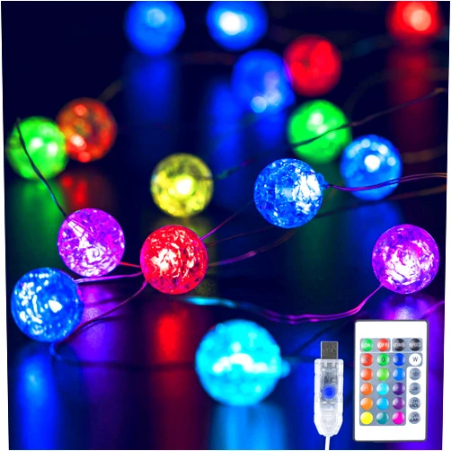 BEEWIN Globe String Lights for Bedroom,Crystal Crackle Ball Lights 17 Vibrant Color 10FT 30 LED USB Operated with Remote Fairy Lights Perfect for Indoor,Outdoor,Wedding,Christmas,Valentines Day,RGB