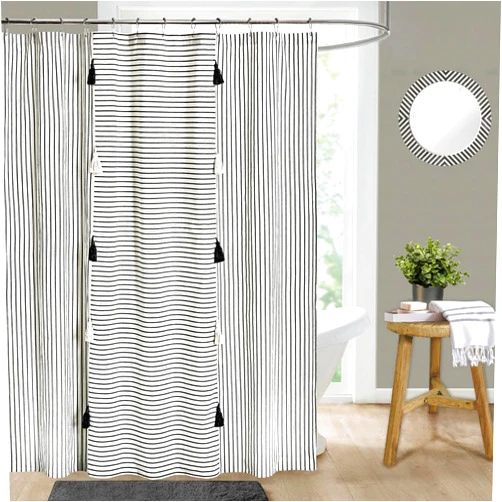 DOSLY IDÉES Black and Ivory Stripe Patchwork Cotton Tassel Shower Curtain for Bathroom,Farmhouse,Country Rustic and Cute Style,72 x 78 in